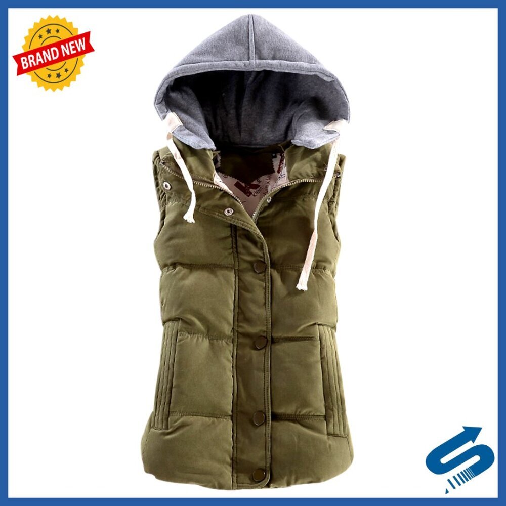 Slim Sleeveless Quilted Puffer Vest with Removable Hood, Winter Coat